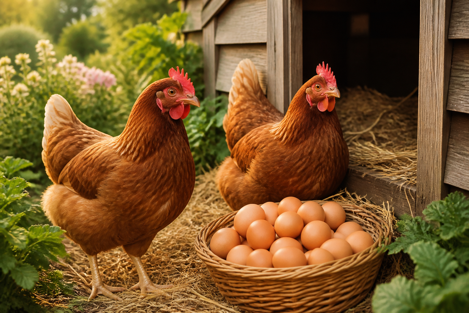 Healthy brown hens beside a basket of fresh eggs